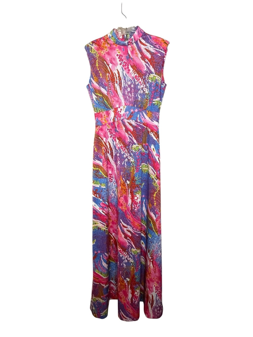 Vintage Don Luis 1970’s Sleeveless Vibrant Pink Multi-Print Maxi Dress Sz 10